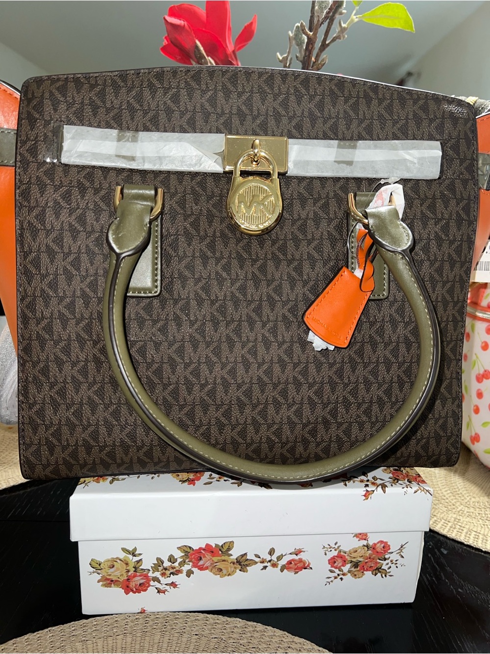 Michael Kors Brown Logo Satchel with Olive Handles and Orange Tag